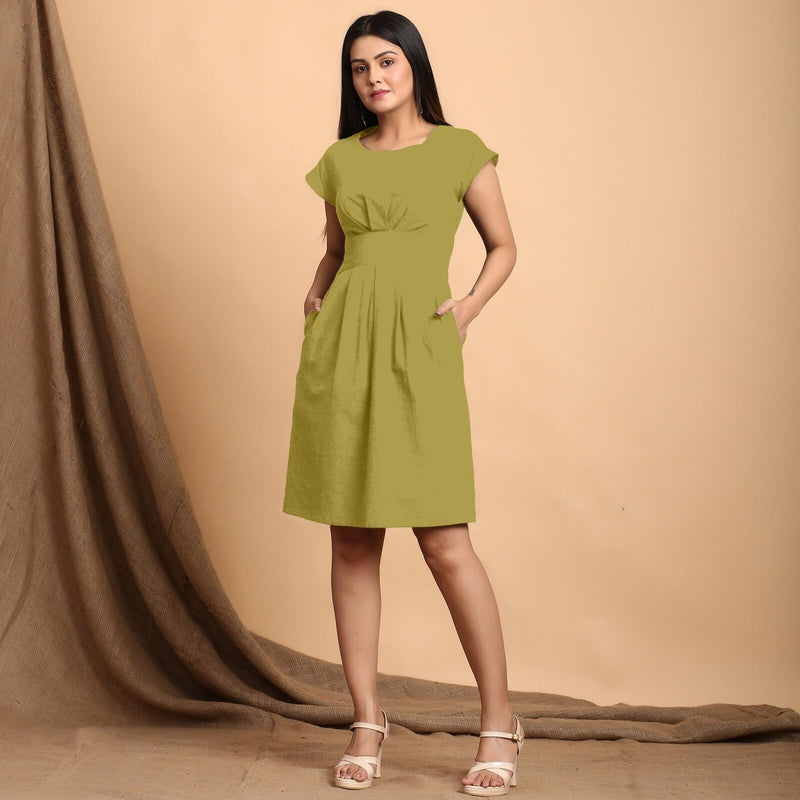 Green Cotton Flax Pleated Cap Sleeves Short Dress 54