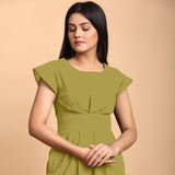 Green Cotton Flax Pleated Cap Sleeves Short Dress