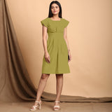 Green Cotton Flax Pleated Cap Sleeves Short Dress