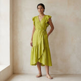 Green Cotton Flax Ruffle Midi Wrap Dress