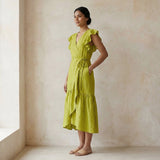 Green Cotton Flax Ruffle Midi Wrap Dress