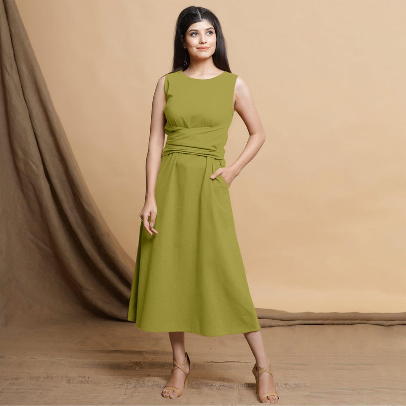 Green Cotton Flax Sleeveless A-Line Midi Dress