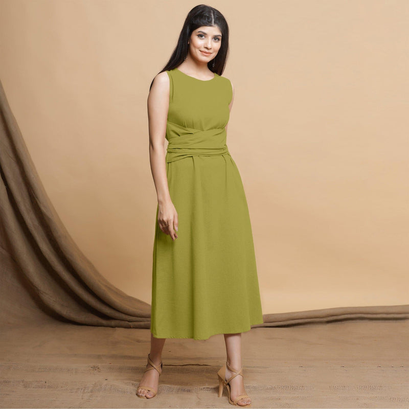 Green Cotton Flax Sleeveless A-Line Midi Dress