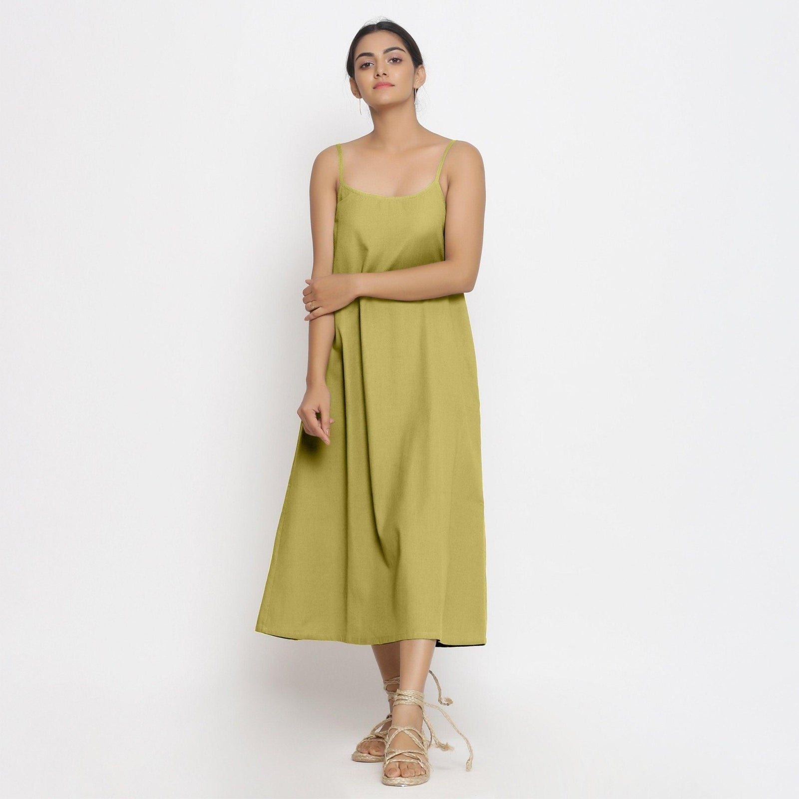 Green Cotton Flax Strappy A-Line Midi Dress 34" / Regular (5'2" - 5'6") Green Cotton Flax Strappy A-Line Midi Dress 34" / Regular (5'2" - 5'6")