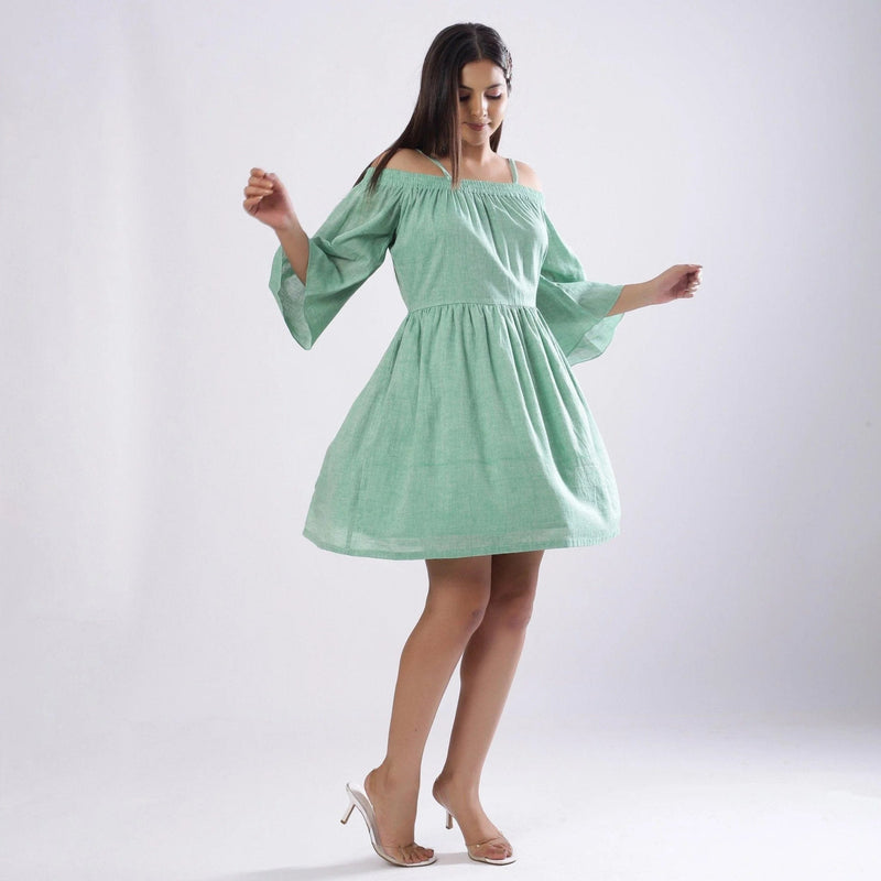 Green Cotton Muslin Fit and Flare Off-Shoulder Short Dress Green Cotton Muslin Fit and Flare Off-Shoulder Short Dress