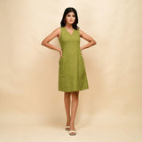 Front View of a Model wearing Green Cotton Slim Fit Short Dress