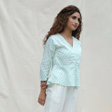 Right View of a Model wearing Green Floral Block Printed Cotton Button-Down Peplum Top