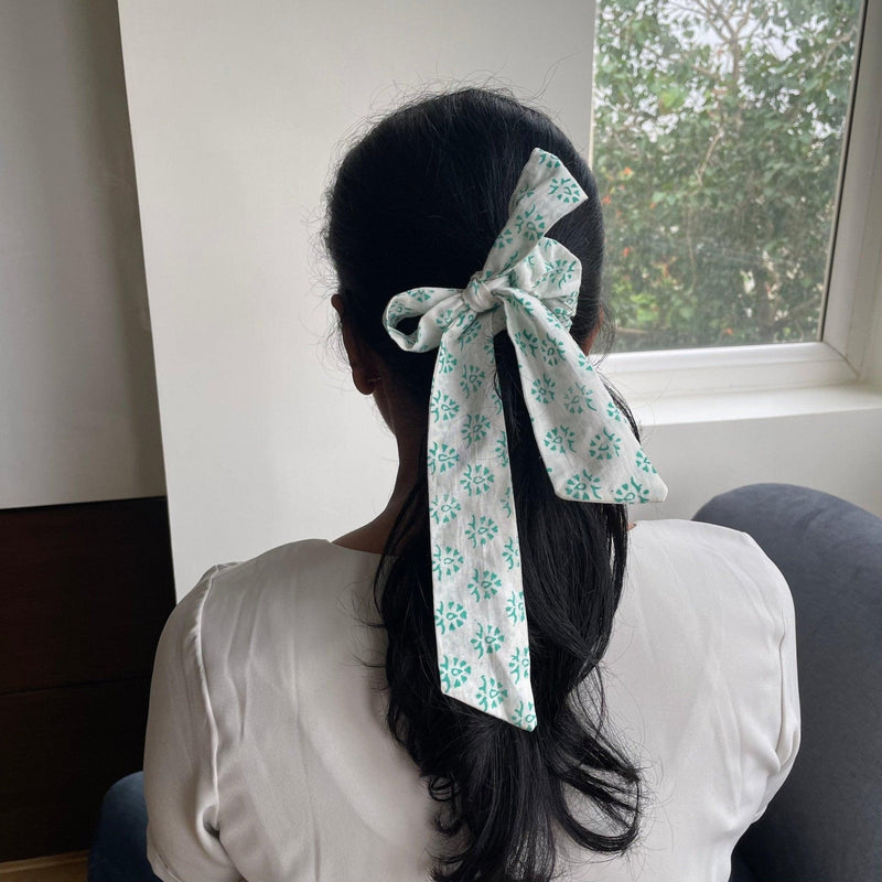 Green Floral Print 100% Cotton Long Tail Scrunchie