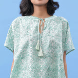 Front Detail of a Model wearing Green Hand Block Printed A-Line Cotton Top