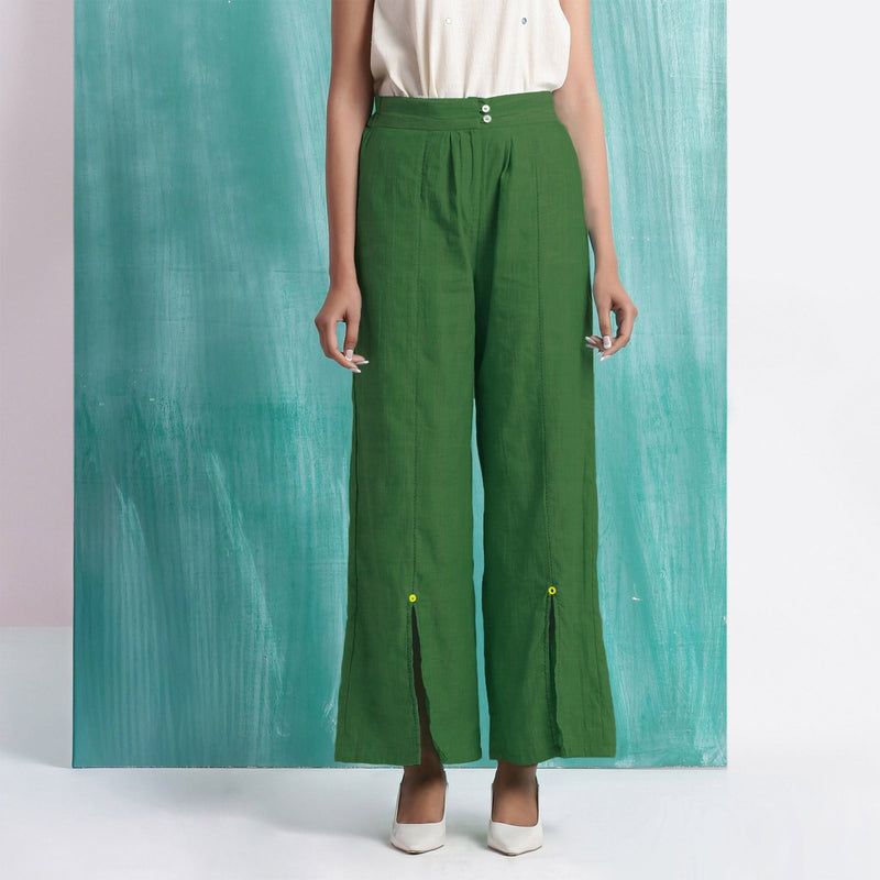 Green Handspun Cotton Elasticated Mid-Rise Wide Legged Pant