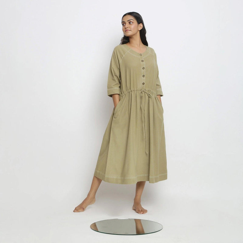 Front View of a Model wearing Green Raglan Sleeves Button-Down Dress