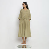 Front View of a Model wearing Green Raglan Sleeves Button-Down Dress