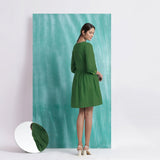 Green Handspun Cotton V-Neck Gathered Short Dress