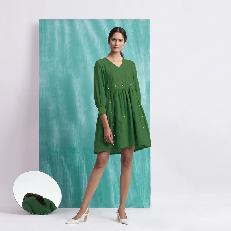 Green Handspun Cotton V-Neck Gathered Short Dress