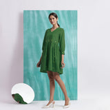 Green Handspun Cotton V-Neck Gathered Short Dress