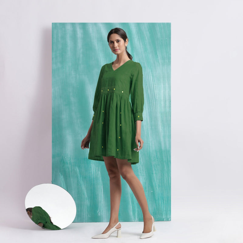 Green Handspun Cotton V-Neck Gathered Short Dress