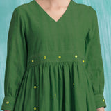 Green Handspun Cotton V-Neck Gathered Short Dress