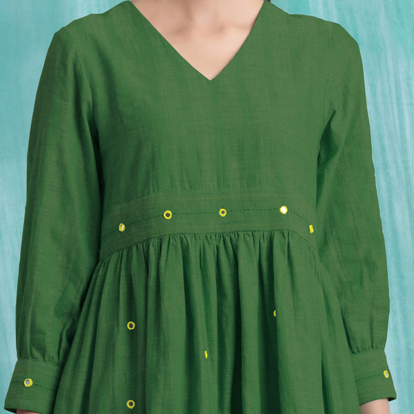 Green Handspun Cotton V-Neck Gathered Short Dress