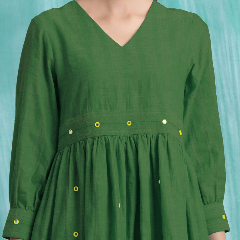 Green Handspun Cotton V-Neck Gathered Short Dress