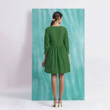 Green Handspun Cotton V-Neck Gathered Short Dress