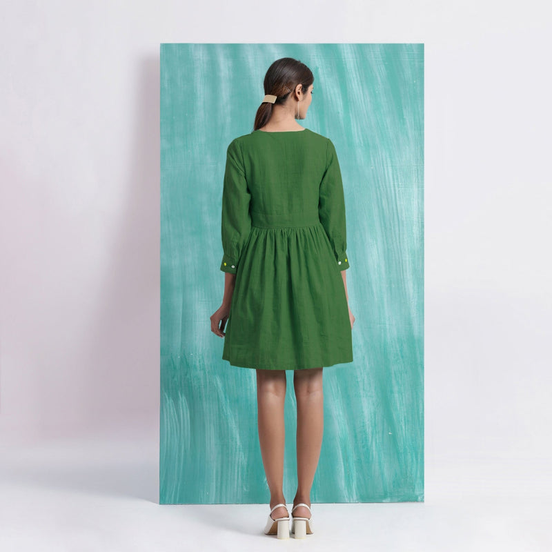 Green Handspun Cotton V-Neck Gathered Short Dress