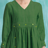 Green Handspun Cotton V-Neck Gathered Short Dress