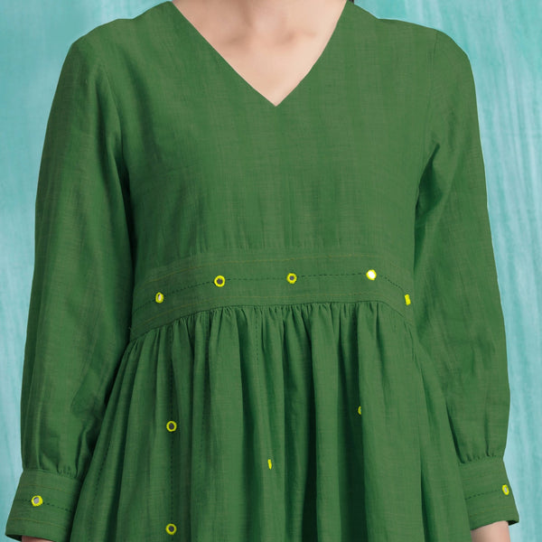 Green Handspun Cotton V-Neck Gathered Short Dress