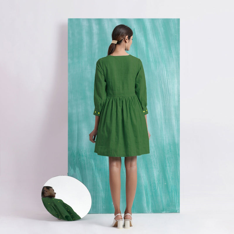 Green Handspun Cotton V-Neck Gathered Short Dress