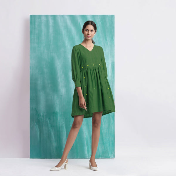Green Handspun Cotton V-Neck Gathered Short Dress