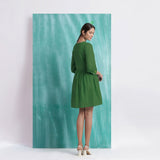 Green Handspun Cotton V-Neck Gathered Short Dress
