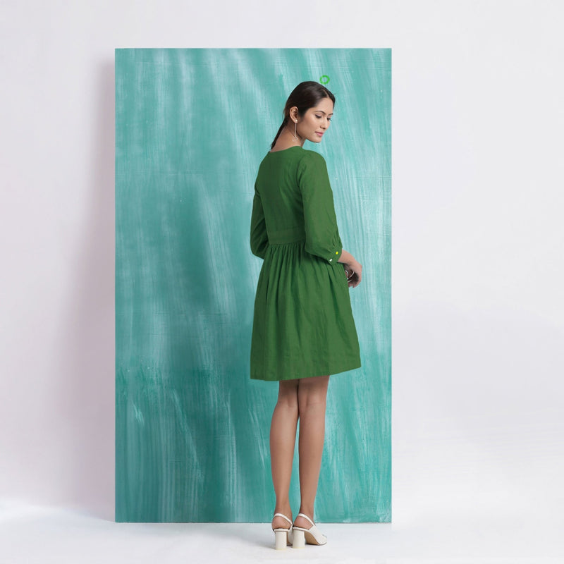 Green Handspun Cotton V-Neck Gathered Short Dress