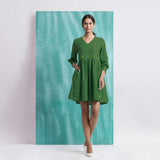 Green Handspun Cotton V-Neck Gathered Short Dress