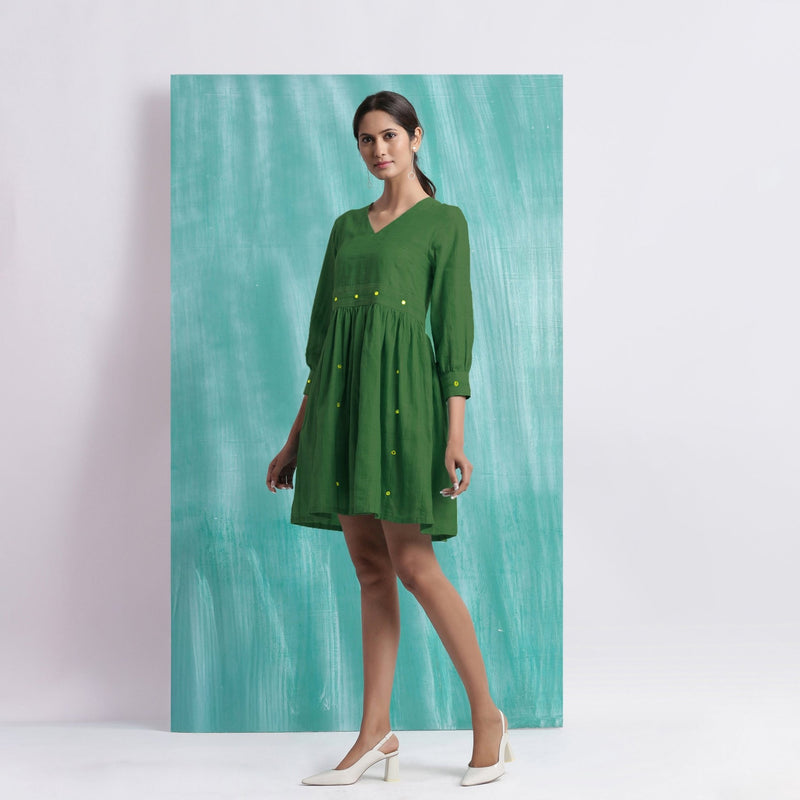 Green Handspun Cotton V-Neck Gathered Short Dress