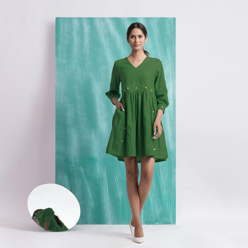 Green Handspun Cotton V-Neck Gathered Short Dress