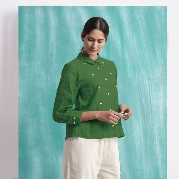 Green Mirror Work Handspun Cotton Blouse Top