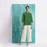Green Mirror Work Handspun Cotton Mandarin Collar Top