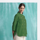 Green Mirror Work Handspun Cotton Mandarin Collar Top