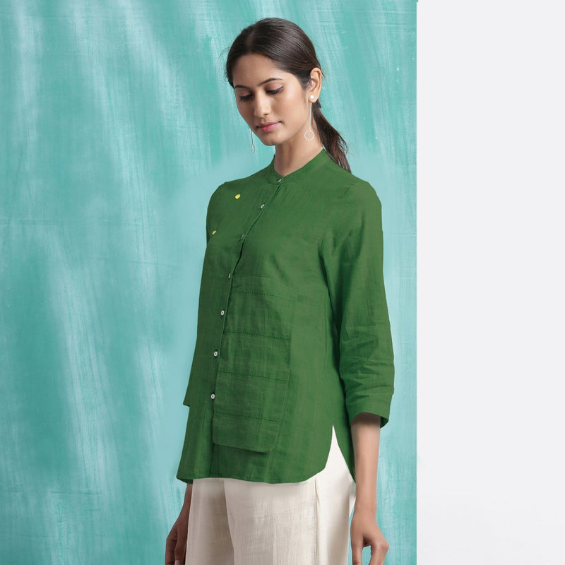Green Mirror Work Handspun Cotton Mandarin Collar Top
