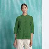 Green Mirror Work Handspun Cotton Mandarin Collar Top