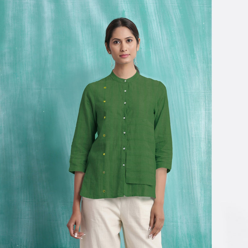Green Mirror Work Handspun Cotton Mandarin Collar Top