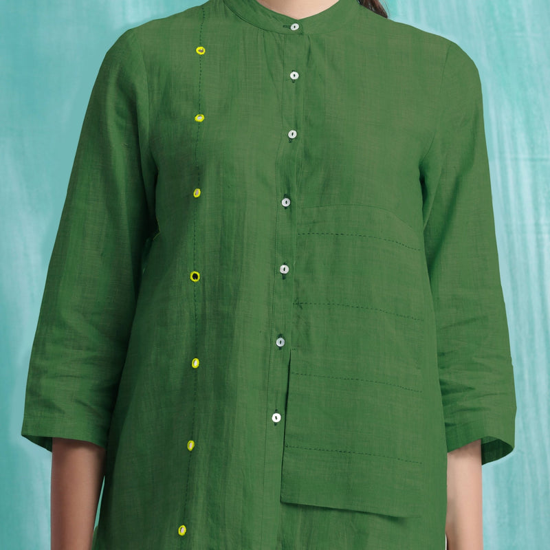 Green Mirror Work Handspun Cotton Mandarin Collar Top