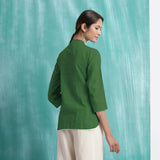 Green Mirror Work Handspun Cotton Mandarin Collar Top