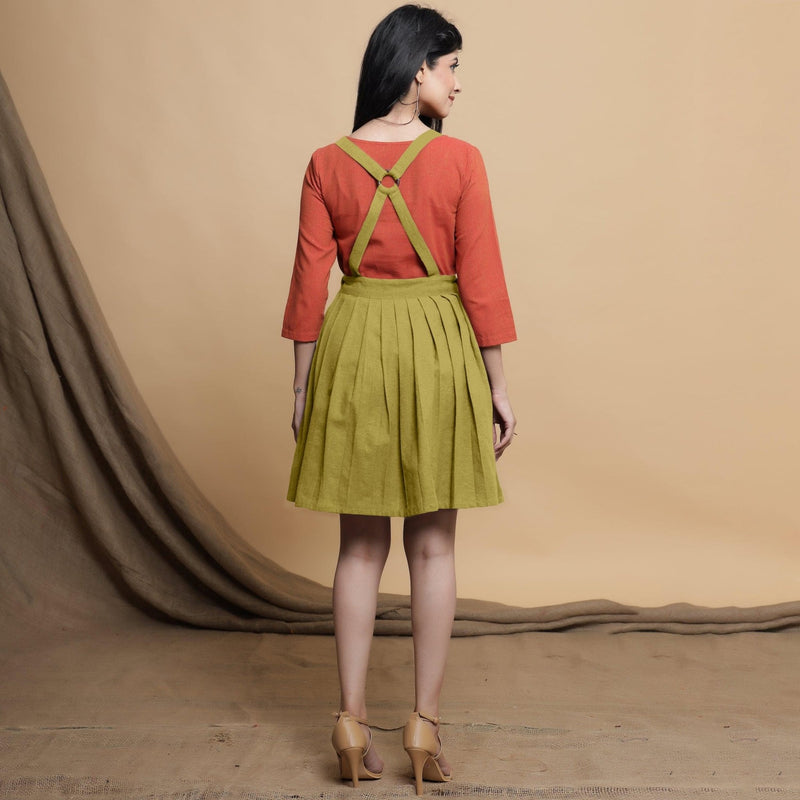 Green Pleated Cotton Flax Criss-Cross Back Short Dress 38" / Custom Height (Free) Green Pleated Cotton Flax Criss-Cross Back Short Dress 38" / Custom Height (Free)