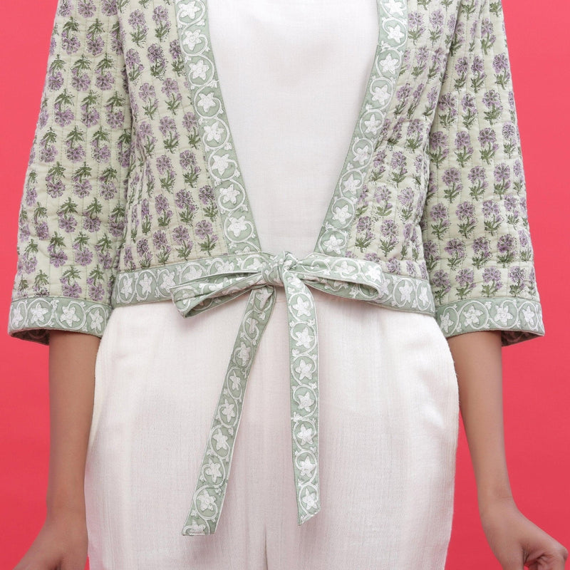 Front Detail of a Model wearing Green Reversible Quilted Cotton Shrug