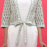 Front Detail of a Model wearing Green Reversible Block Print Cotton Short Shrug