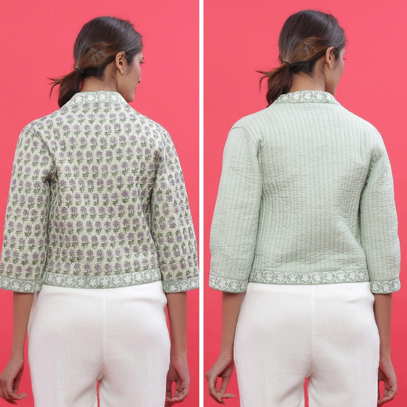 Back View of a Model wearing Green Reversible Block Print Cotton Short Shrug