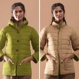 Front View of a Model wearing Green Reversible Detachable Hoodie Quilted Cotton Jacket