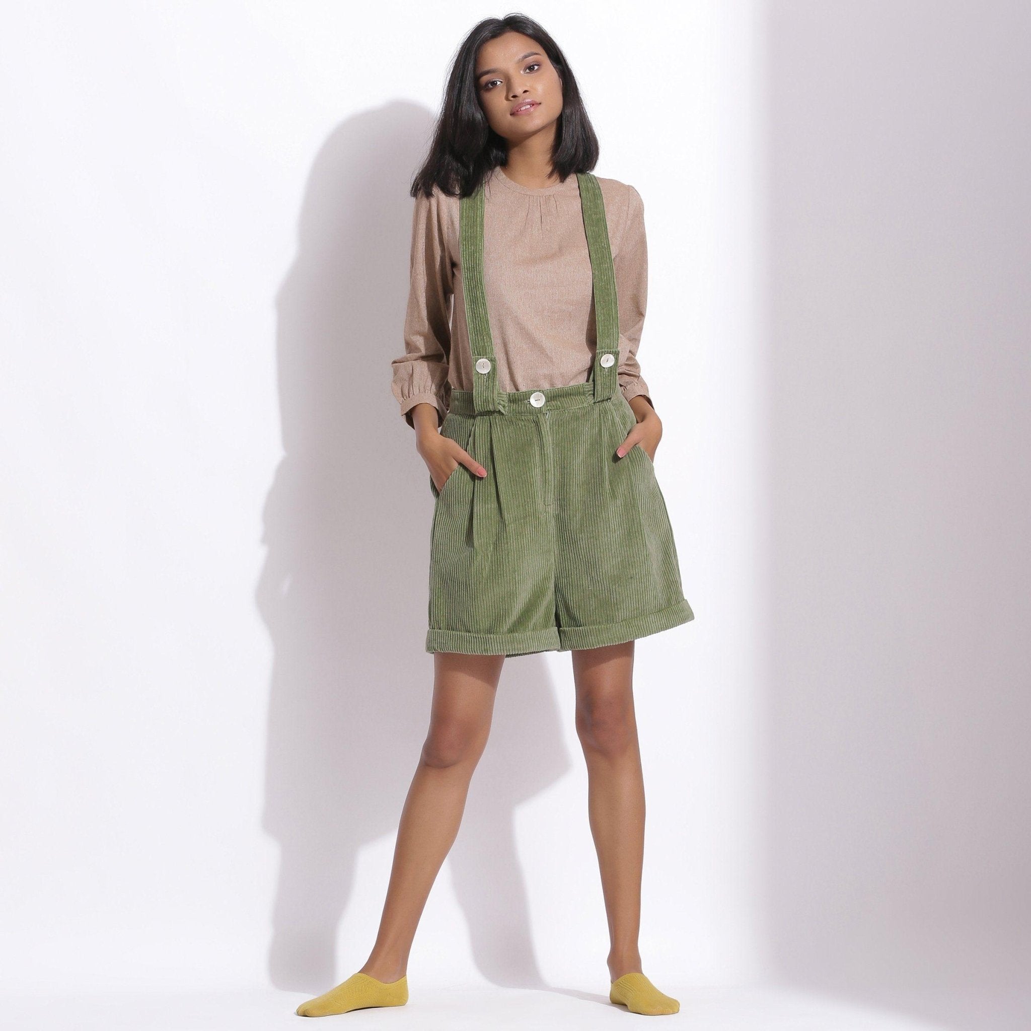 Green Warm Cotton Corduroy Short Dungaree Jumpsuit