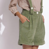 Front Detail of a Model wearing Green Cotton Corduroy Short Dungaree