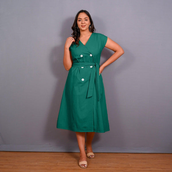 Green Warm Cotton Flannel Button-Down A-Line Midi Dress